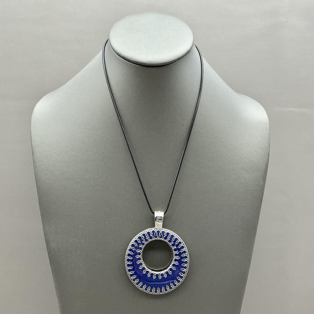 Necklace Statement Round Enamel Premier‎ Designs Pendant Blue Boho Reversible